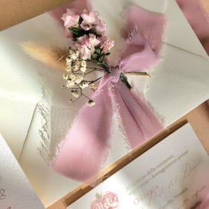 Partecipazioni di matrimonio, inviti nozze, Wedding invitation rosa antico, carta artigianale, chiffon, fiori secchi