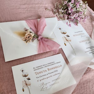 Wedding invitations, wedding invitations, antique pink wedding invitation, craft paper, chiffon, dried flowers