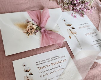 Partecipazioni di matrimonio, inviti nozze, Wedding invitation rosa antico, carta artigianale, chiffon, fiori secchi
