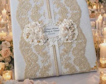 Lace & Floral Wedding Photo Album in Elegant White Velvet