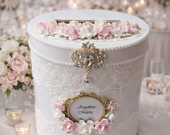 Floral Wedding Card Box: Chic White and Pink