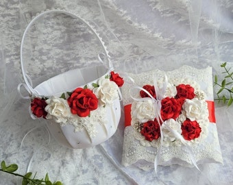 Ring Bearer Pillow, Flower girl basket, Red White Wedding Pillow, Flower Girl Basket