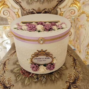 Scatola per biglietti viola e bianca, scatola per biglietti da matrimonio, scatola porta biglietti regalo, salvadanaio per matrimonio, scatola per buste Quinceanera