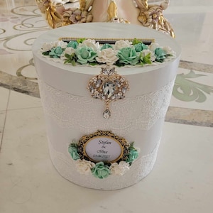 Caixa de cartão de ouro branco verde, caixa de correio de casamento, caixa de dinheiro de casamento, personalizado floral moderno