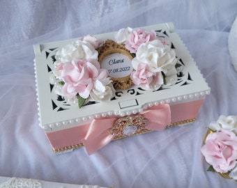 Pink White ring box, Wedding ring box, Ring bearer box, Wood ring box, Custom Elegant Floral