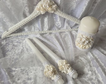 Unity candle set for wedding, Hanger for weddings dress, Hanger for bride with pearls and flowers white, Unity candles floral