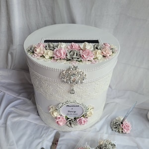 Bruiloftskaartdoos, doos cadeaukaarthouder, wenskaartdoos, bruiloftspaarpot, grijsroze wit
