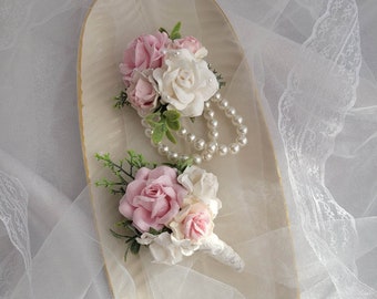 Pink White Boutonniere for Men, Bridal flower wrist corsage, Wrist corsage Bridesmaids