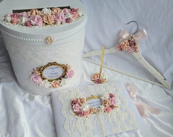 Wedding card box, Guest book and pen, Solid Dusty Pink White Nude, Floral guest book and envelope box