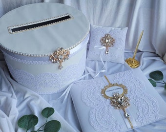 White Gold card box, Guest book and Pen, Ring cushion, Lace Ring Pillow, Custom card box