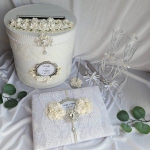 Boîte en carton argentée et blanche, verres à toast pour monsieur et madame, ensemble de verres de mariage et emporte-pièces, livre d'or et stylo, ensemble complet de 7 pièces