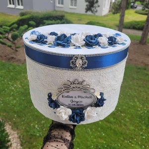 Boîte en carton bleue chic - Parfaite pour les remises de diplômes, les mariages et les baptêmes - Motif floral moderne personnalisable