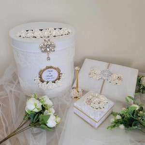 Gouden en witte kaartendoos, gepersonaliseerd gastenboek, houten ringdoos, doos ringdrager, custom elegante bloemen, volledige set 4 stuks
