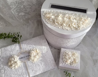 White Guest book wedding, Guest book and pen, Velvet ring box, Wedding ring box, Gift card holder box