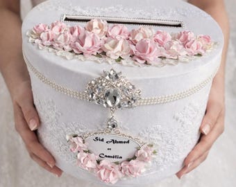 Elegant Floral Wedding Card Box: White & Pink, Custom Color