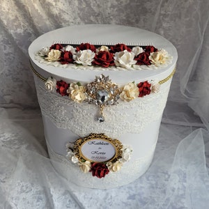Scatola rustica per biglietti di nozze in elegante bordeaux, bianco e avorio, porta biglietti regalo personalizzato nei classici colori delle nozze
