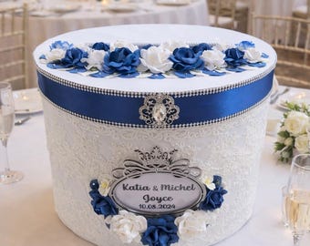 Floral Card Box: Royal Blue & White, Customizable for Weddings