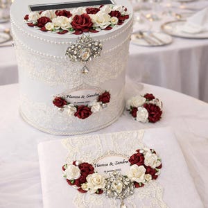 Floral Wedding Card Box Set: Burgundy & White Guest Book with Pen