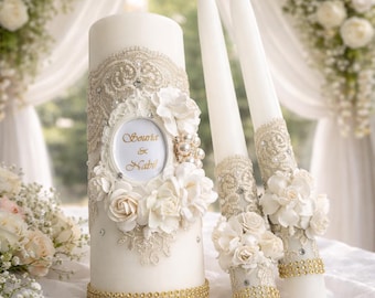 Elegant Personalized Wedding Candle Set – White & Gold Lace Unity Candles with Floral Detail