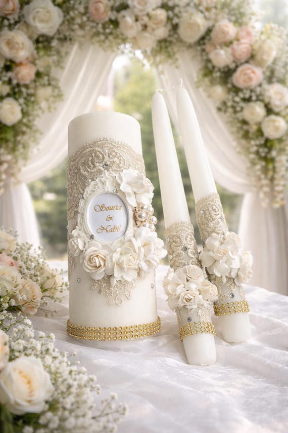 Personalized Wedding Candle Set: White and Gold Lace Unity Candles