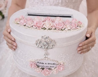 Elegant Pink & White Floral Wedding Card Box