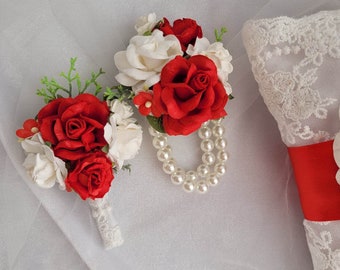 Red White Boutonniere for Men, Bridal flower wrist corsage, Wrist corsage Bridesmaids