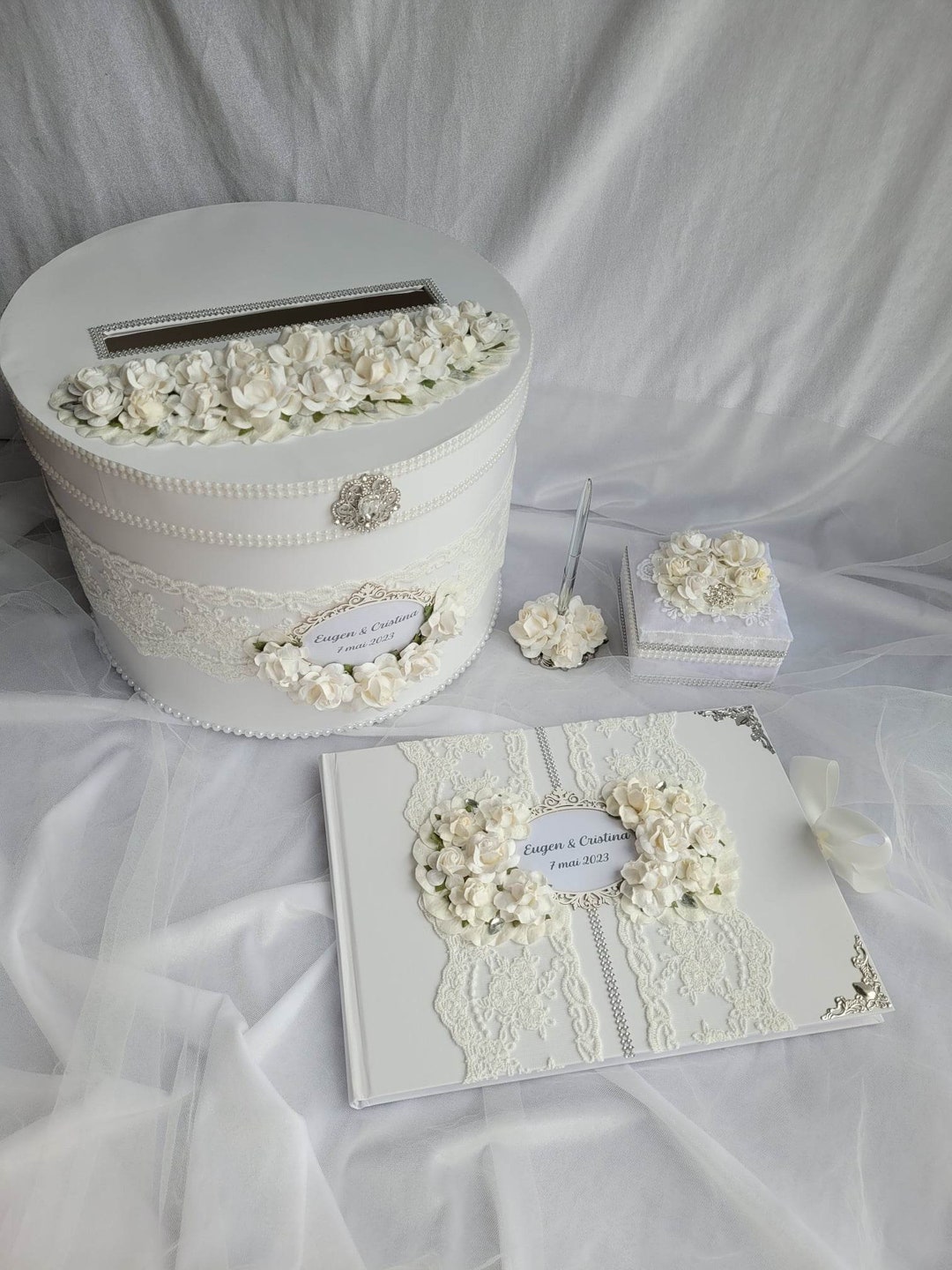 Wedding Card Box, Gift Card Holder Box, White and Silver, Wedding