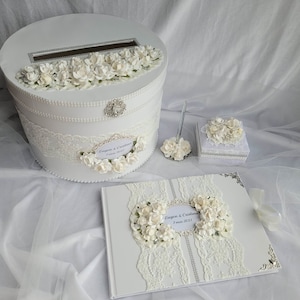 Scatola per biglietti di nozze, scatola porta biglietti, bianco e argento, scatola per buste da sposa, libro degli ospiti e penna, scatola per anelli