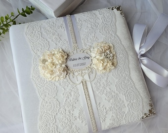Elegant White Velvet Wedding Photo Album: Lace & Floral Keepsake
