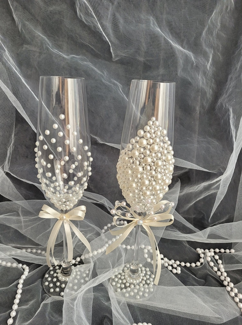 Pearl wedding glasses , Pearl Embellished Champagne Flutes 画像 7