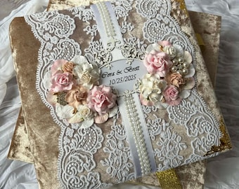 Personalized Velvet Photo Album with Lace & Flowers: Unique Wedding Gift
