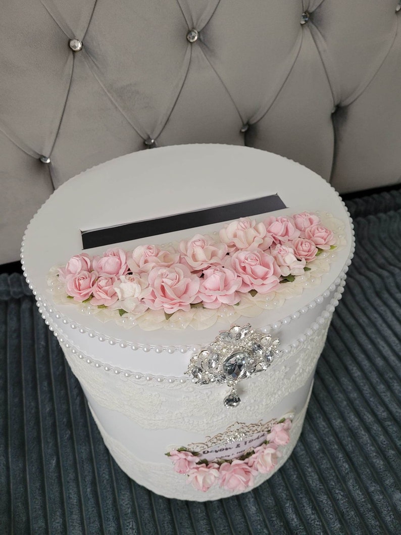 Wedding card box, White and Pink card box, Gift card holder box, wedding envelope box image 3