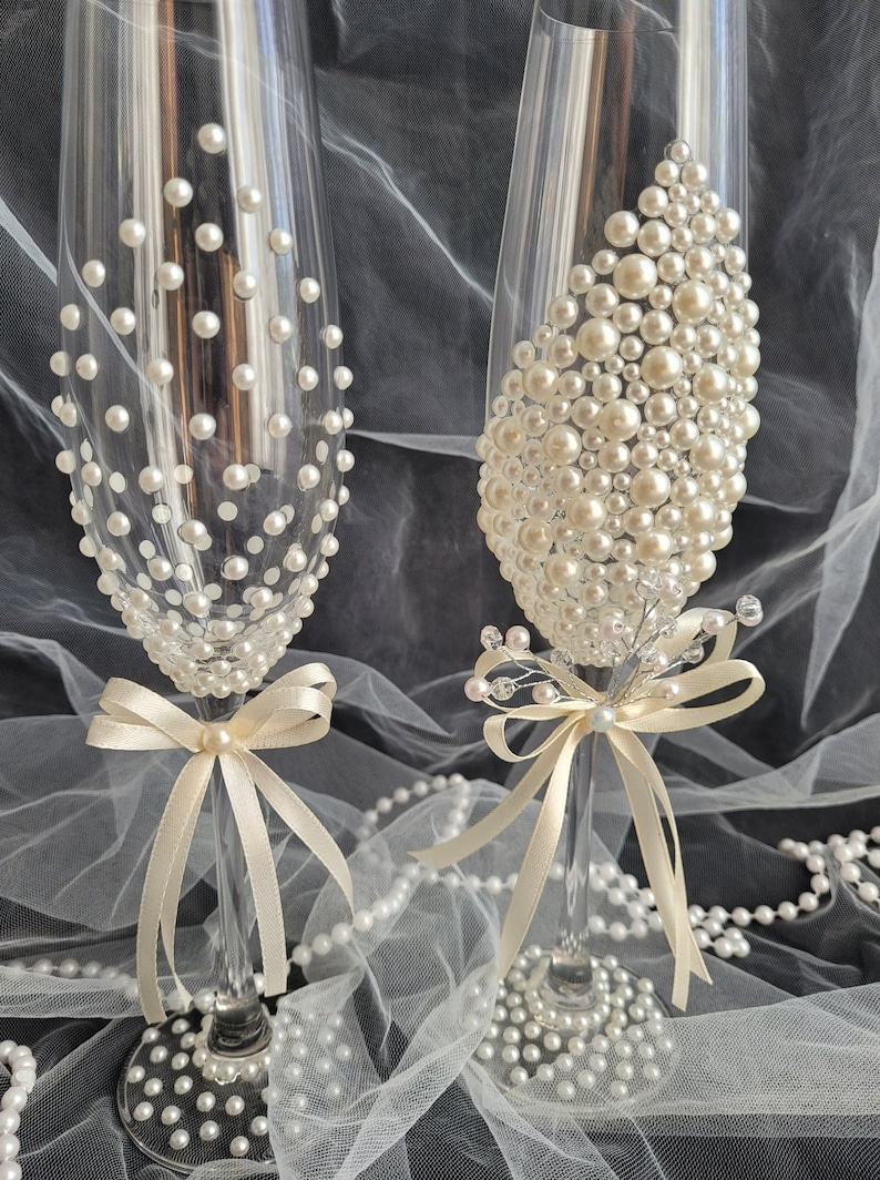 Pearl wedding glasses , Pearl Embellished Champagne Flutes image 6