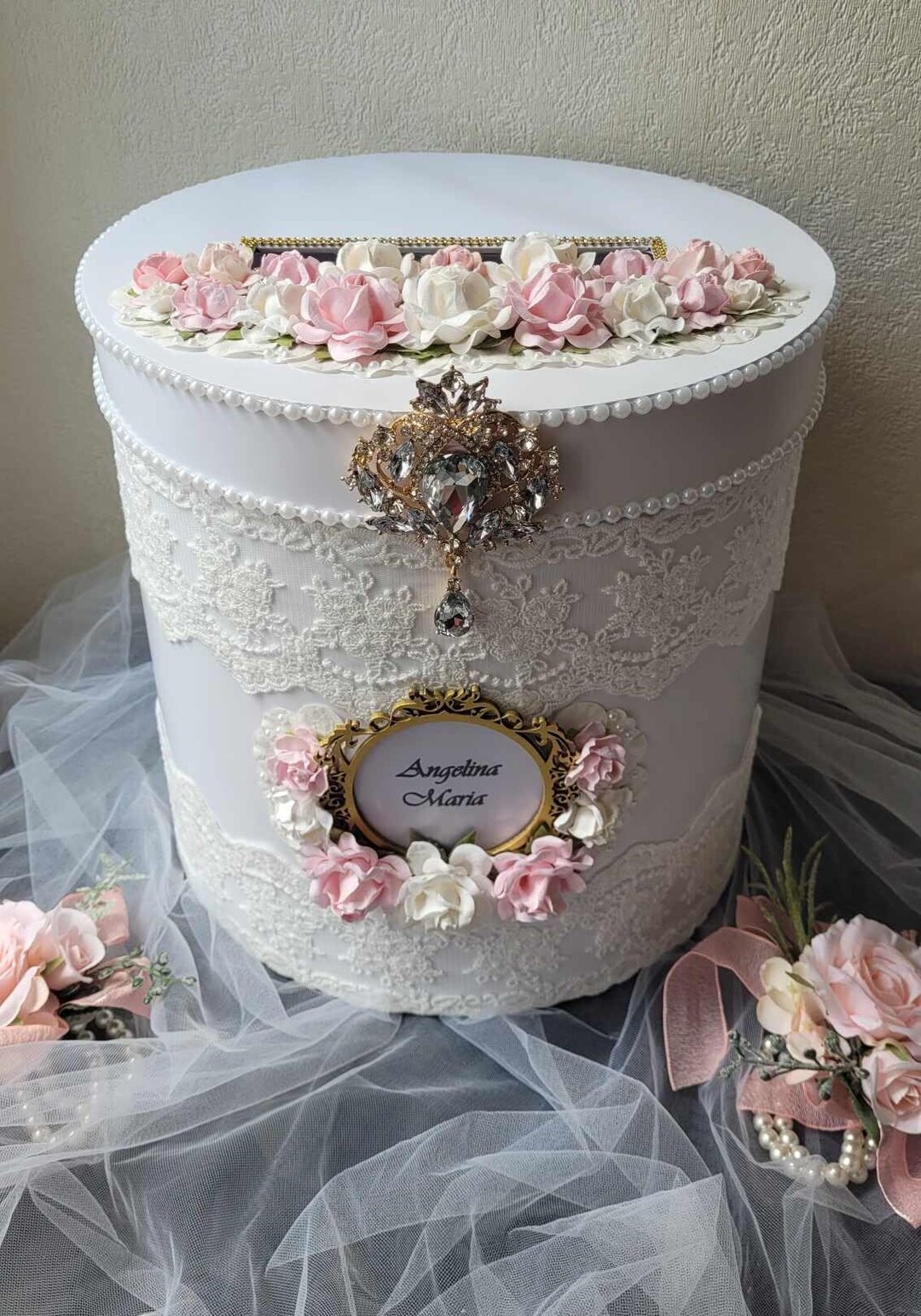 White and Pink Floral Wedding Card Box: Chic Elegant Envelope Holder - Etsy