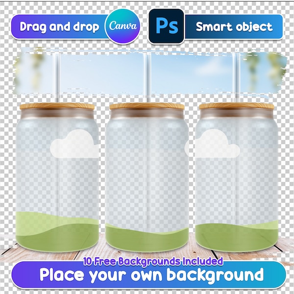 Customizable 16oz Libbey Frosted Glass Can Mockup  | Transparent Mockup Canva | Drag and Drop | 10 Free Backgrounds  | Digital Download.