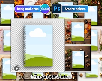 Spiral Notebook Mockup Bundle | 15 Background Mockups | Frame for Canva & Smart Object for Photoshop | Digital Download.