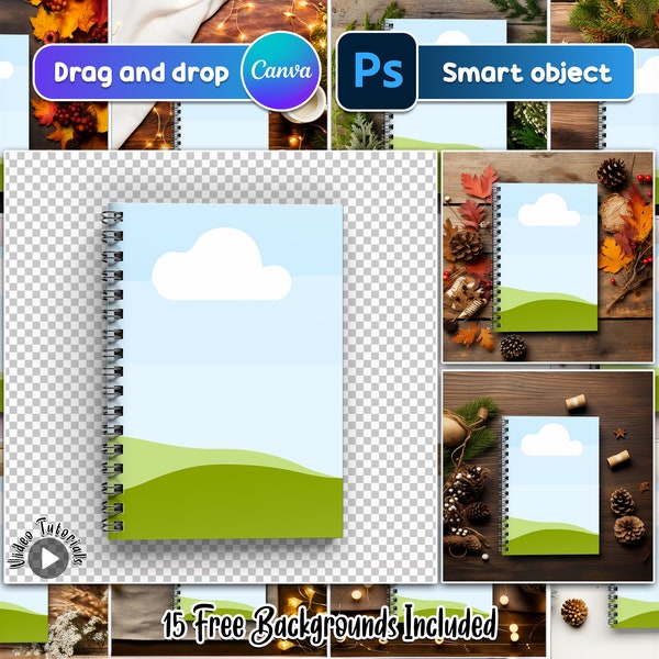 Spiral Notebook Mockup Bundle | 15 Background Mockups | Frame for Canva & Smart Object for Photoshop | Digital Download.