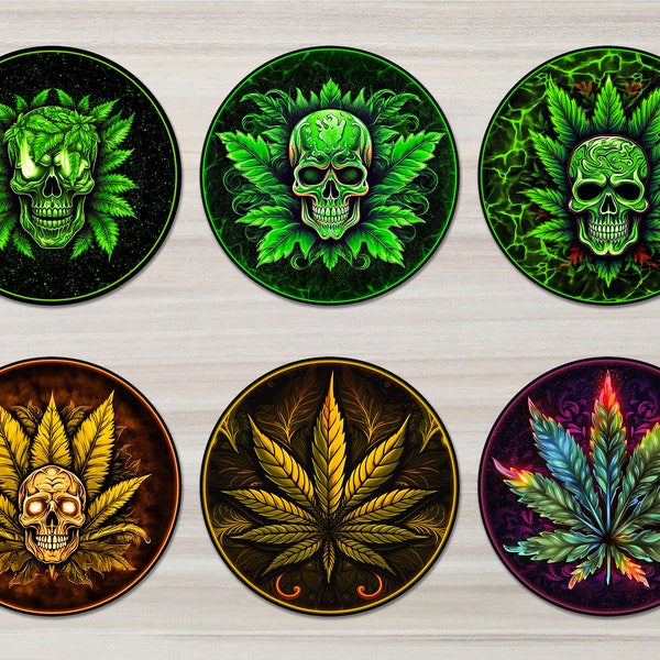 6 Skull Cannabis PNGs | Car Coaster Sublimation Design  | Marijuana Designs | Digital Download.