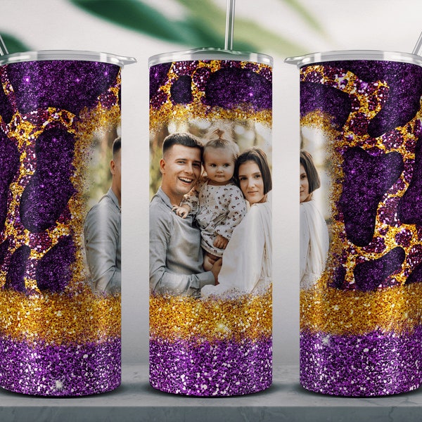 Purple Glitter Cow Hide Tumbler Wrap PNG | Add Your Own Photo | 20oz Tumbler Sublimation | Seamless Design | Straight & Tapered PNG .
