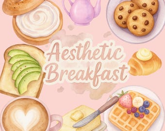 May include: Watercolor illustration of an aesthetic breakfast spread on a pink background. Includes a bagel with cream cheese, avocado toast, a pink teapot, cookies, a croissant, a waffle with fruit, a coffee with a heart design, and butter.