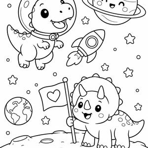May include: A black and white coloring page featuring a cartoon dinosaur in an astronaut helmet floating in space, a rocket ship, a planet with rings, and a triceratops standing on a cratered moon surface holding a flag with a heart symbol.