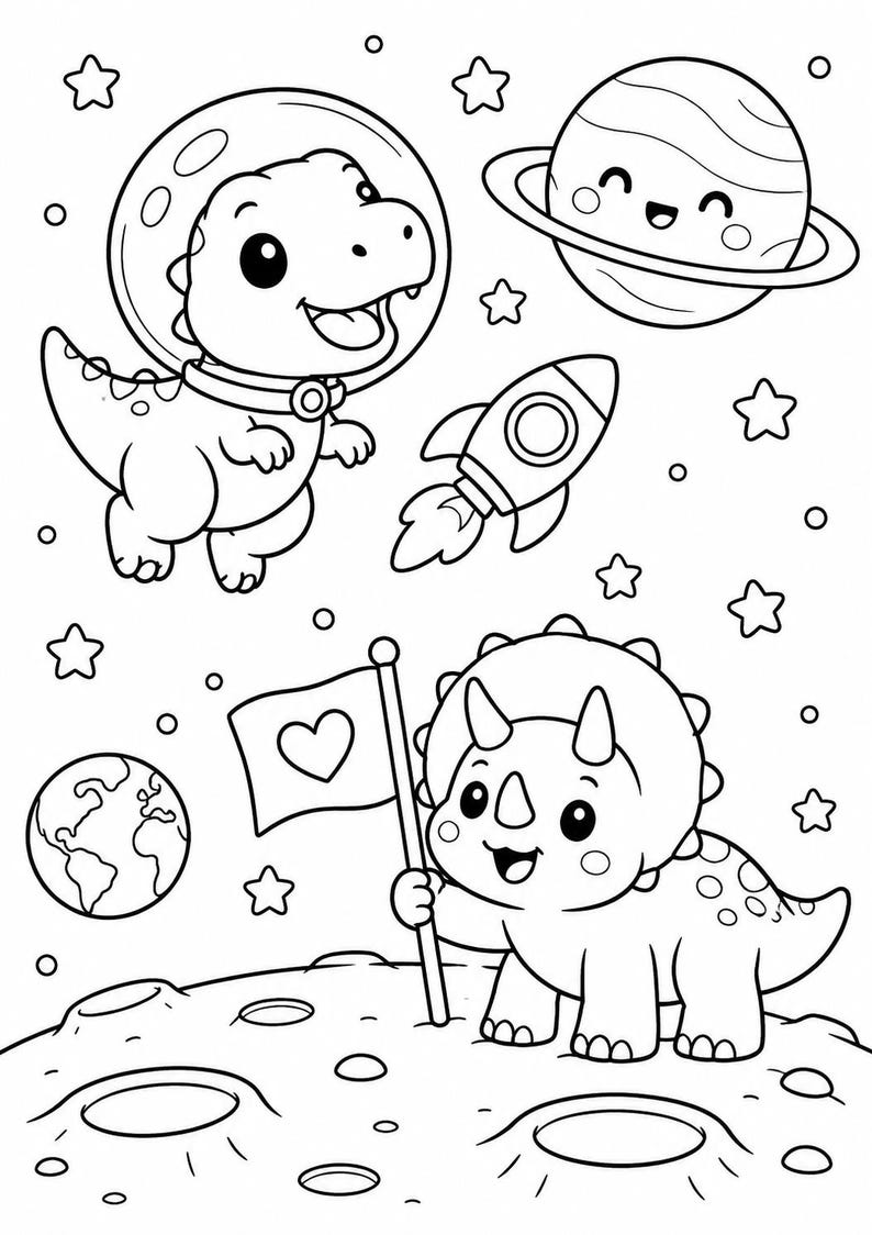 May include: A black and white coloring page featuring a cartoon dinosaur in an astronaut helmet floating in space, a rocket ship, a planet with rings, and a triceratops standing on a cratered moon surface holding a flag with a heart symbol.