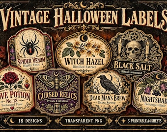 May include: A collection of decorative vintage Halloween labels featuring ornate borders and gothic illustrations. Designs include Spider Venom, Witch Hazel, Black Salt, Love Potion No. 13, Cursed Relics, Dead Man's Brew, and Nightshade with text.
