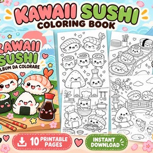 Kawaii Sushi Coloring Pages for Kids, Printable Japanese Food Coloring Book, 10 Cute Activity Sheets, Digital Download PNG