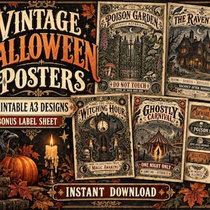 Vintage Halloween Poster Bundle, 10 Printable A3 Signs, Victorian Gothic Wall Art, Witch Apothecary Decor, Digital Download