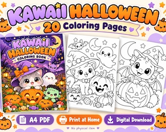 May include: A digital coloring book titled Kawaii Halloween with 20 coloring pages. The cover features a cat in a witch hat, a ghost, and a pumpkin. Two interior pages show line art of a cat and a dragon with pumpkins. Text includes A4 PDF.