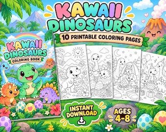 May include: A digital coloring book titled Kawaii Dinosaurs featuring 10 printable pages. The cover displays colorful cartoon dinosaurs, eggs, and a volcano. The text reads Kawaii Dinosaurs, 10 Printable Coloring Pages, and Instant Download Ages 4-8.