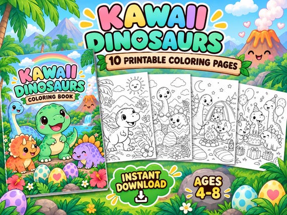 Kawaii Dinosaur Coloring Pages for Kids, Printable Dino Coloring Book, Cute Preschool Activity, 10 Page Digital Download PNG