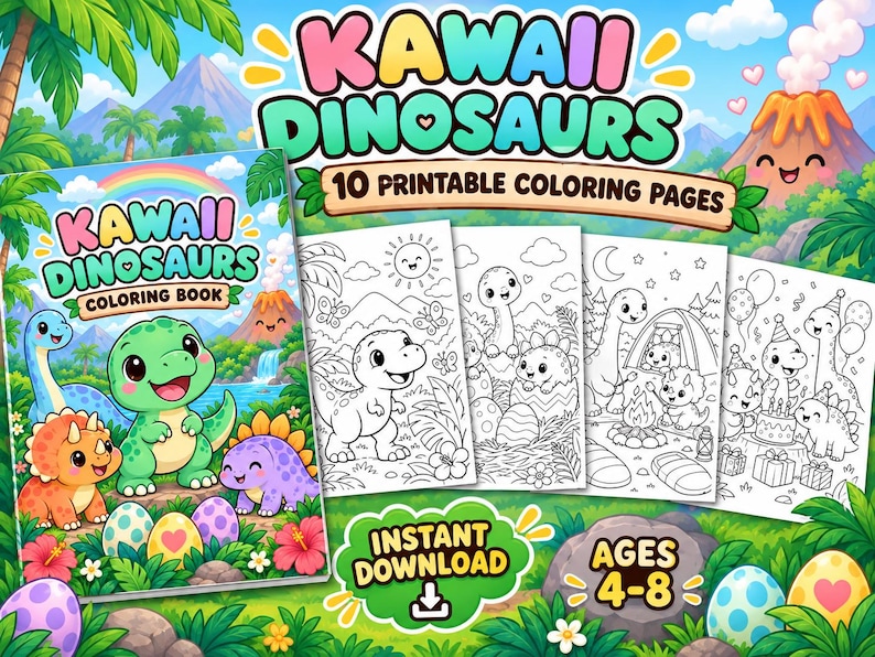 May include: A digital coloring book titled Kawaii Dinosaurs featuring 10 printable pages. The cover displays colorful cartoon dinosaurs, eggs, and a volcano. The text reads Kawaii Dinosaurs, 10 Printable Coloring Pages, and Instant Download Ages 4-8.