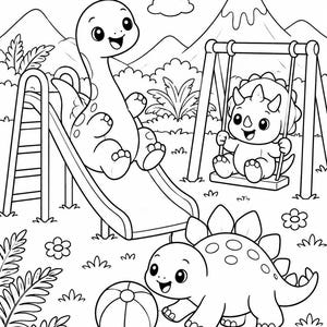 May include: A black and white coloring page illustration featuring three cartoon dinosaurs playing in a park. One dinosaur sits on a slide, another on a swing, and a third plays with a ball on the grass. Mountains and clouds are in the background.